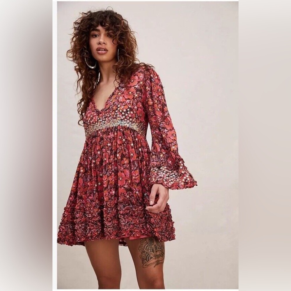 NWT Free People Bali Sweet Blooms Mini Dress, Red Combo, size S